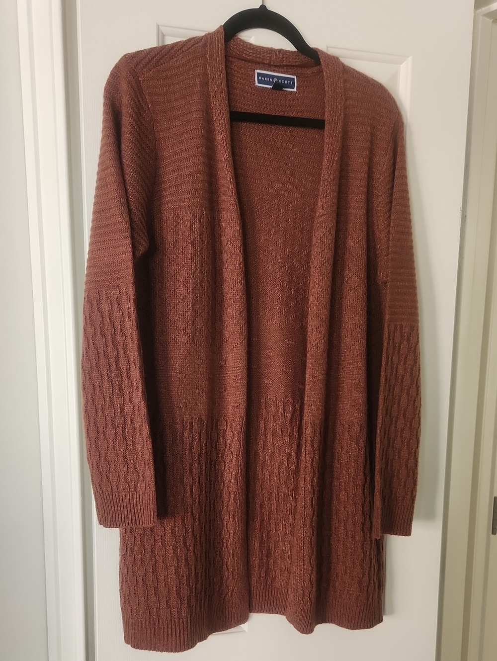 Karen Scott Rust Open-Front Cable Cardigan